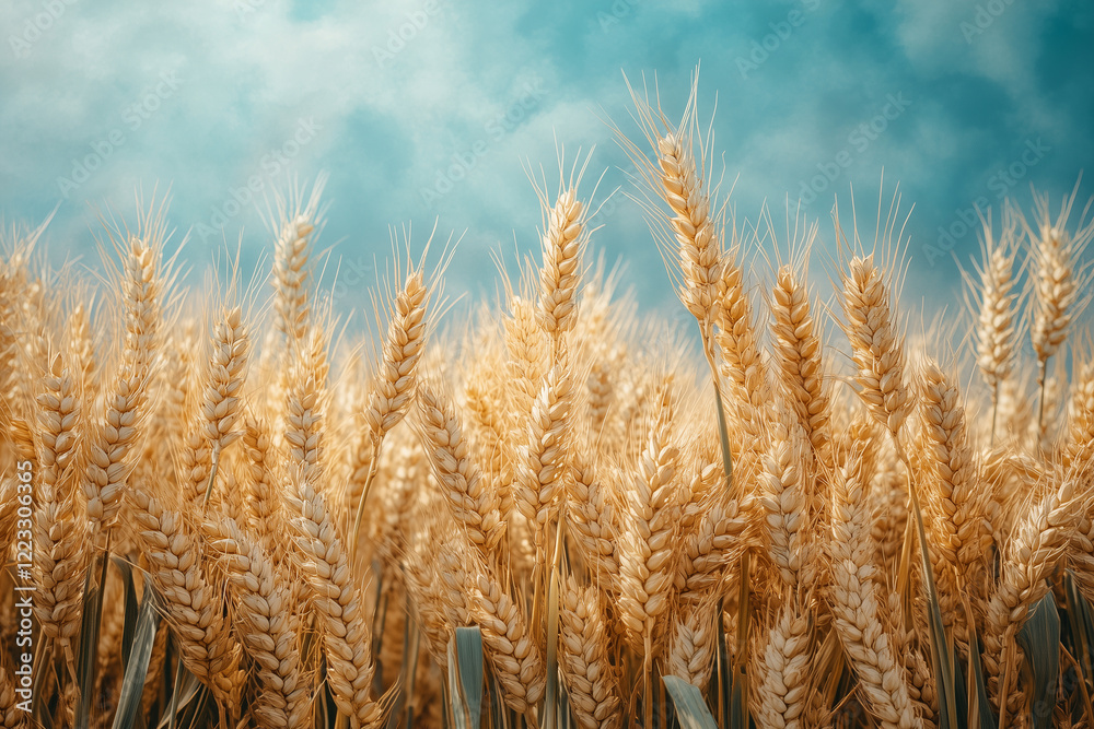 Fototapeta premium Golden wheat swaying under azure sky, representing harvest richness and landscape's serene agricultural harmony