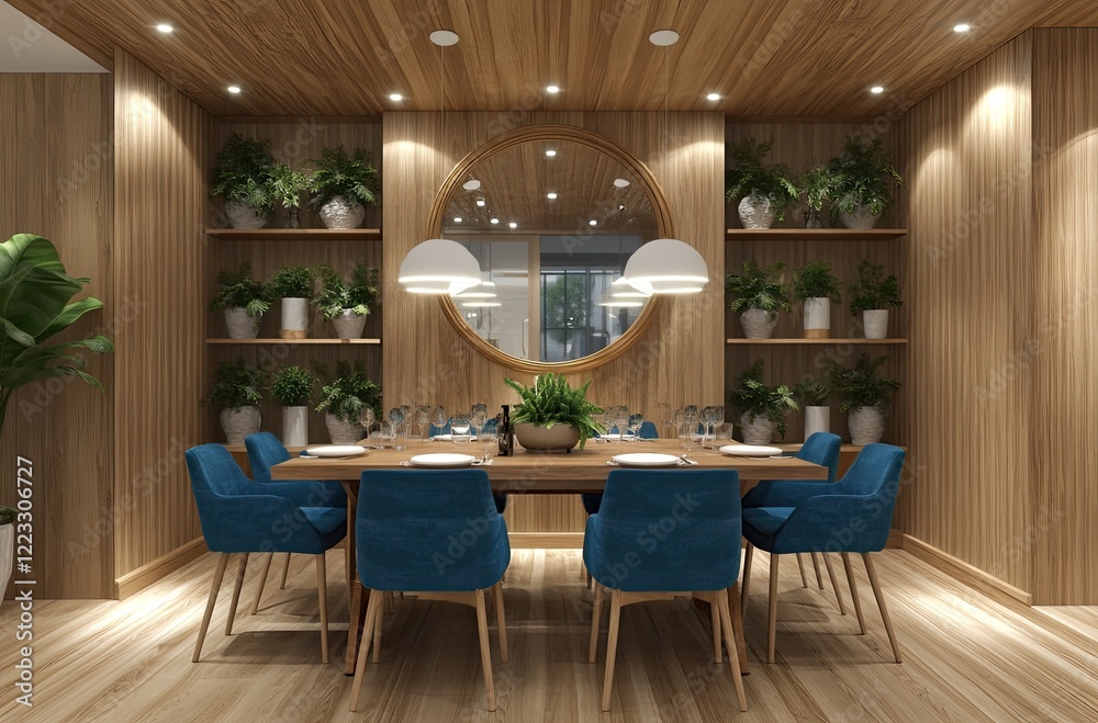 Fototapeta premium A dining room with wooden paneling, a round table, and blue chairs, an open bookcase in the background, and plants on shelves above the wall