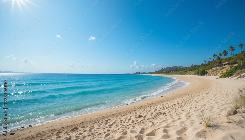 Fototapeta premium Sandy beach with clear turquoise water and palm trees under a bright blue sky