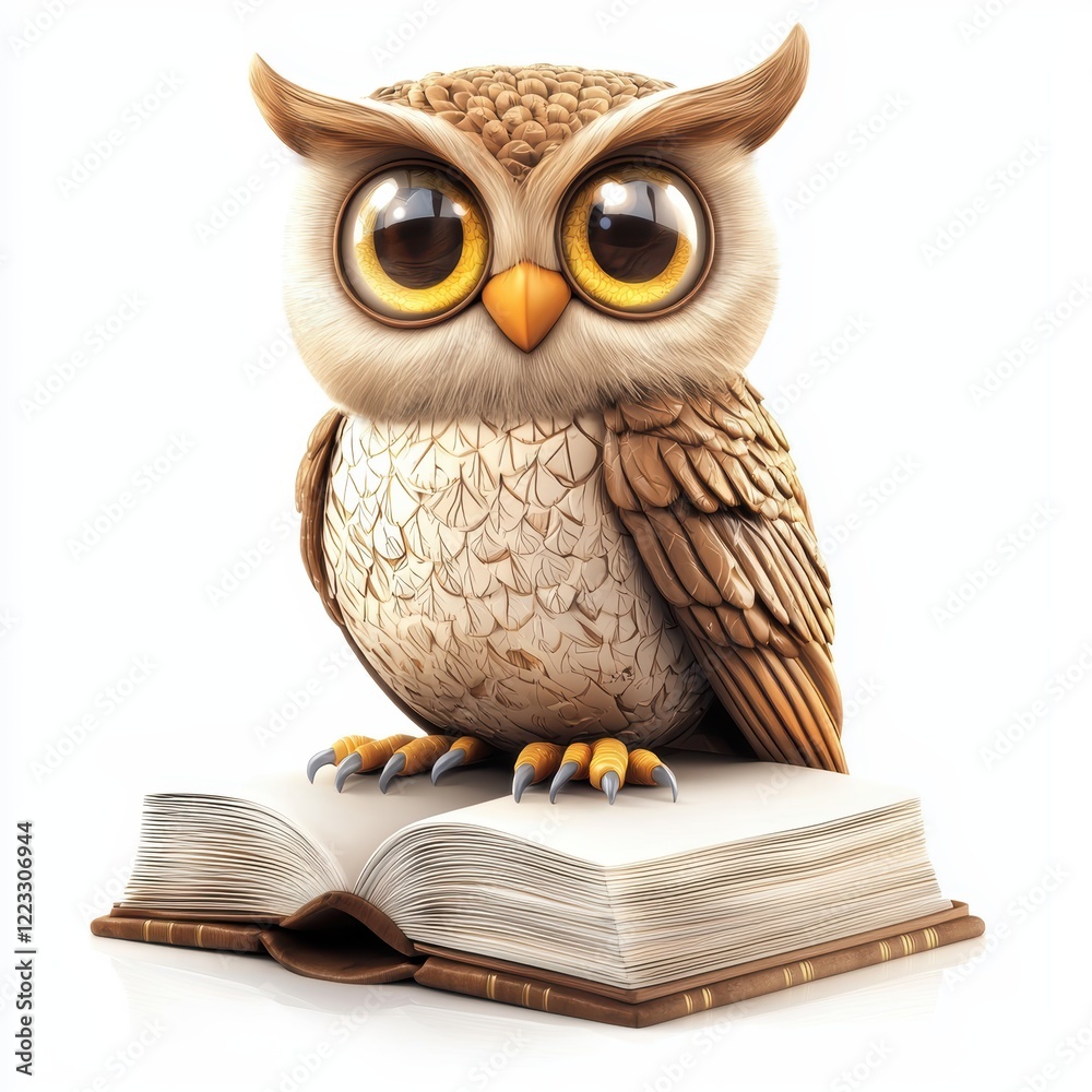 3D icon cartoon wise owl sitting on a book, isolated on a white background 3D icon cartoon wise owl sitting on a book, isolated on a white background