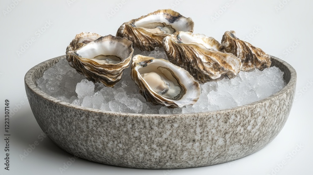 Freshly shucked oysters served on crushed ice in a round metal tray Freshly shucked oysters served on crushed ice in a round metal tray