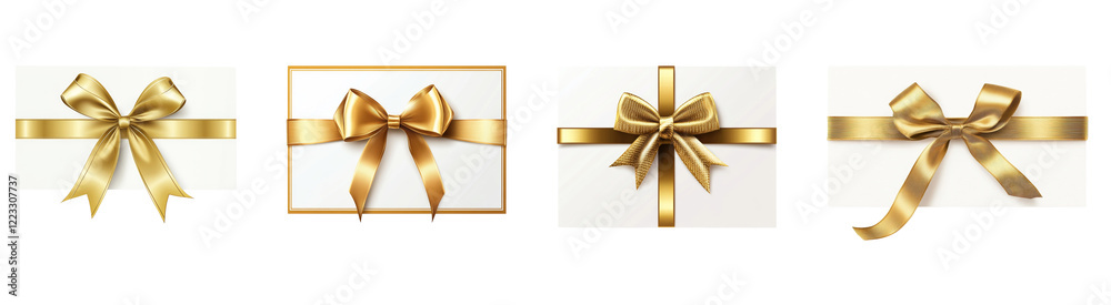 Four images showcase variations of gold satin ribbons tied into elegant bows adorning white gift cards. Four images showcase variations of gold satin ribbons tied into elegant bows adorning white gift cards.