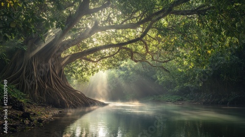 Sunbeams illuminate ancient banyan tree's roots by tranquil river in lush green forest.