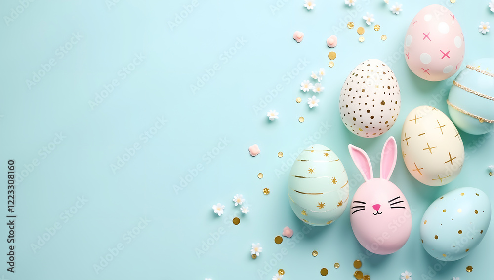 Pastel Easter Eggs Arranged with Green Leaves and Tiny White Flowers on a Soft Blue Background, Offering Ample Copy Space for Seasonal Holiday Messages Pastel Easter Eggs Arranged with Green Leaves and Tiny White Flowers on a Soft Blue Background, Offering Ample Copy Space for Seasonal Holiday Messages