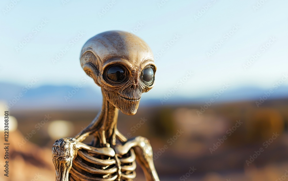 A detailed alien figure with large eyes stands against a blurred landscape, evoking themes of extraterrestrial life and science fiction. A detailed alien figure with large eyes stands against a blurred landscape, evoking themes of extraterrestrial life and science fiction.
