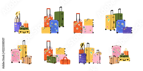 Luggage with stickers. Travel suitcase, journey baggage, handbag of passenger, bags and case, bright colorful traveling accessory. Doodle minimal trendy vector cartoon flat style isolated illustration