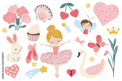 Lucky girls stickers set in flat graphic design. Collection elements of ballerina, flower bouquet, seashell, cherry, star, butterfly, cupcake, bunny, other soft pink girly signs. Vector illustration.