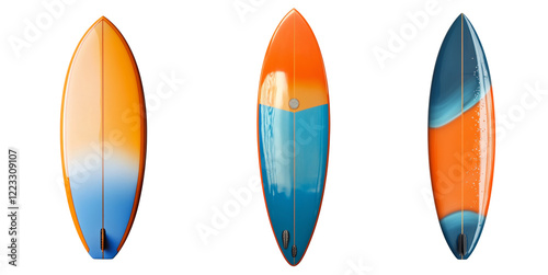 Three uniquely designed surfboards with orange and blue color schemes are shown against a black background. photo