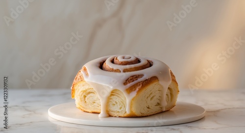 Freshly Baked Cinnamon Rolls with Creamy Icing Drizzle. photo