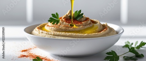 Freshly Prepared Hummus in White Bowl with Olive Oil and Garnish photo