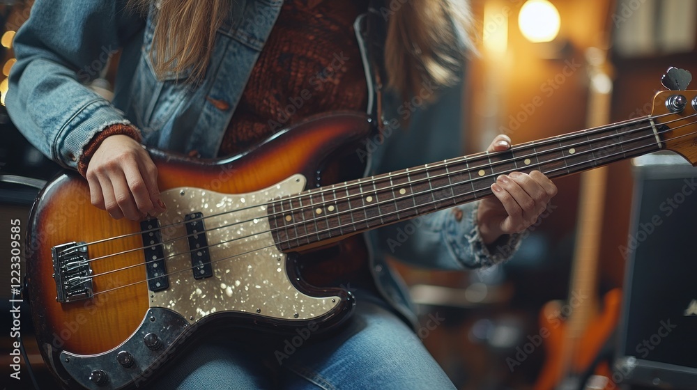 Obraz premium Girl Playing Bass Guitar in a Cozy Studio