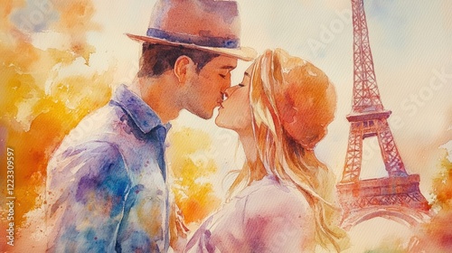 Fototapeta Naklejka Na Ścianę i Meble -  painting watercolor lovers in paris. Selective focus.