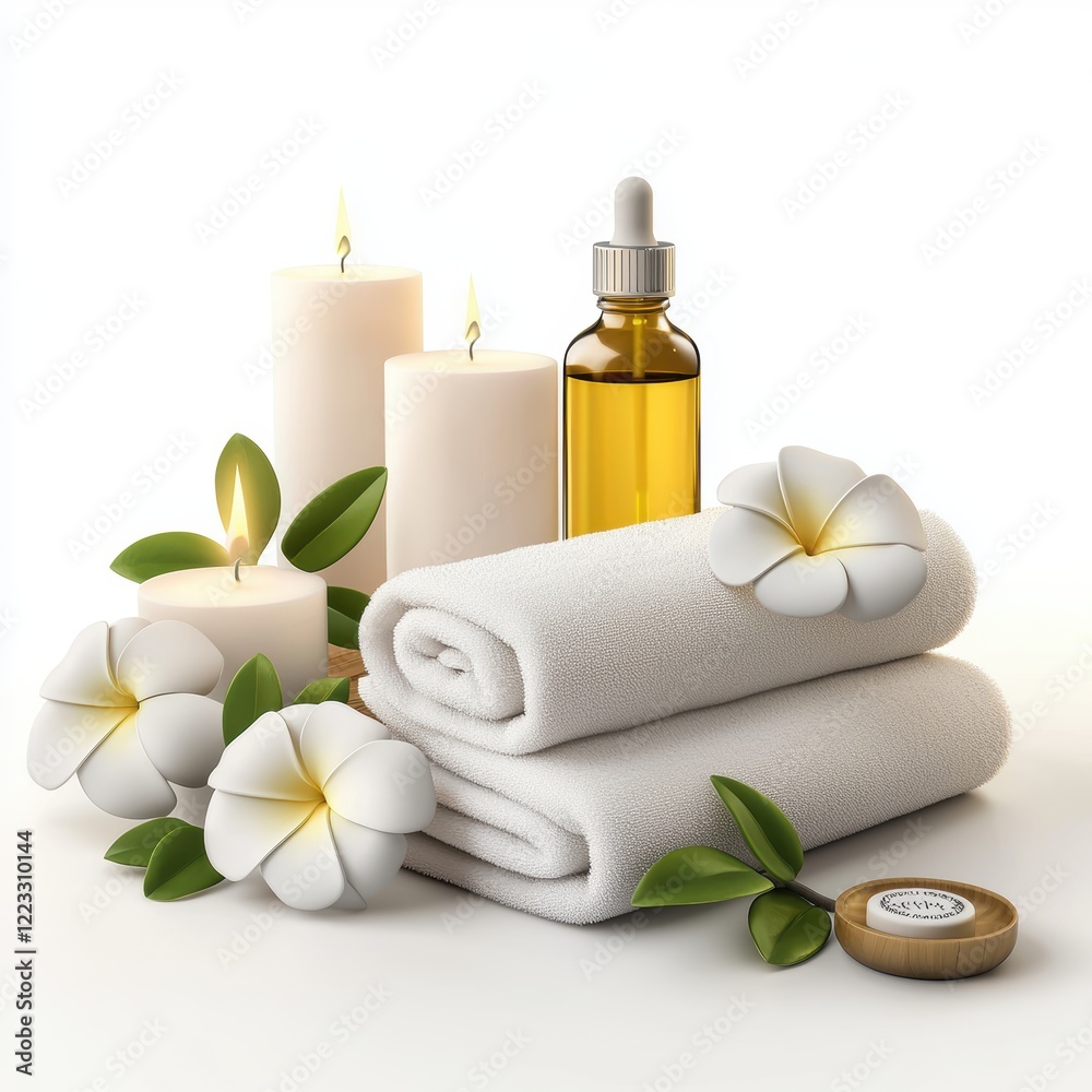 3D icon spa day with candles, towels, and essential oils, isolated on a white background 3D icon spa day with candles, towels, and essential oils, isolated on a white background