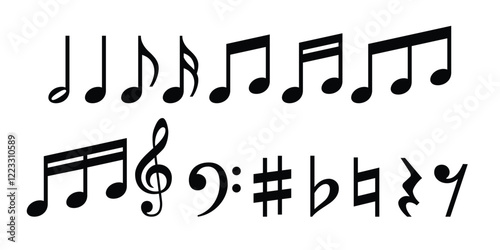 Music notes icon set. Music notes symbol. Music notes melody symbol, vector illustration, Music icon vector isolated on white background, music vector icon, Melody, song, note, sound, audio sign.