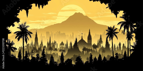 Majestic Vector Artwork of Exotic Landscape with Silhouettes of Palm Trees and Ancient Architecture Set Against a Mountainous Sunset Background