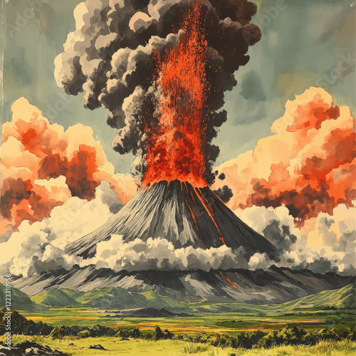 Explosive Volcano Eruption Vector Image with Lava and Ash Cloud in Scenic Landscape | Dramatic Natural Disaster Illustration for Educational Use