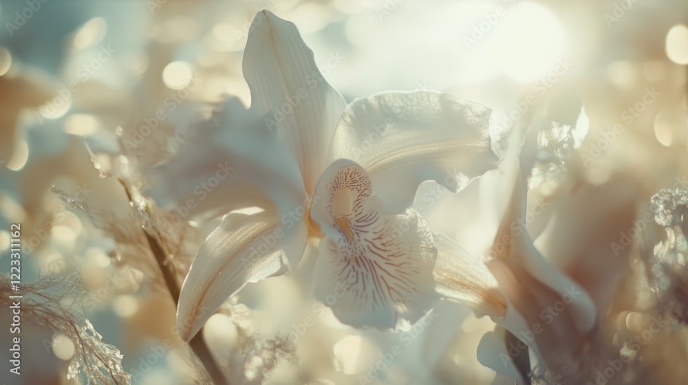 Naklejka premium Close-up of a delicate white orchid blooming in soft sunlight.