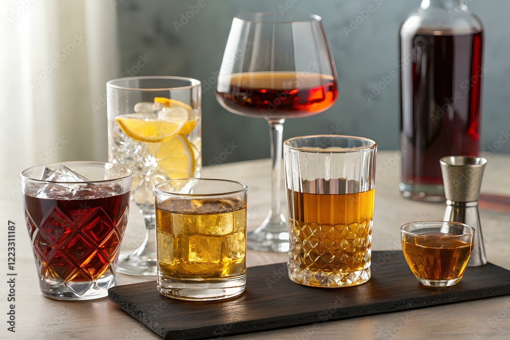 Strong Spirits Set. Hard alcoholic drinks in glasses in assortment vodka, cognac, tequila, brandy and whiskey, grappa, liqueur, vermouth, tincture, rum Strong Spirits Set. Hard alcoholic drinks in glasses in assortment vodka, cognac, tequila, brandy and whiskey, grappa, liqueur, vermouth, tincture, rum
