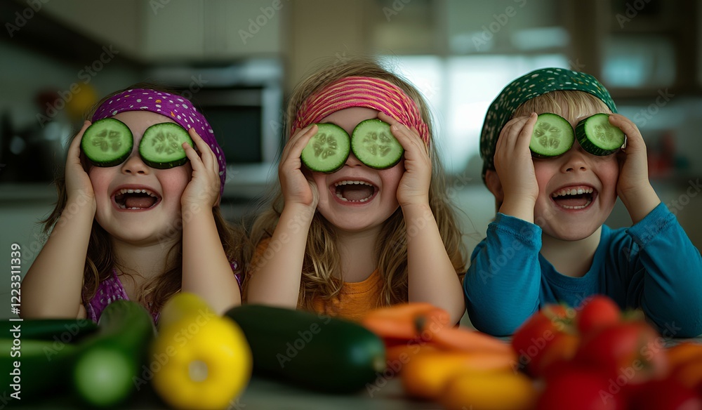 Three children playing with vegetables and fruits in the kitchen, one child covering their eyes with cucumber slices while another is laughing at them, all surrounded by colorful vegetables on top of