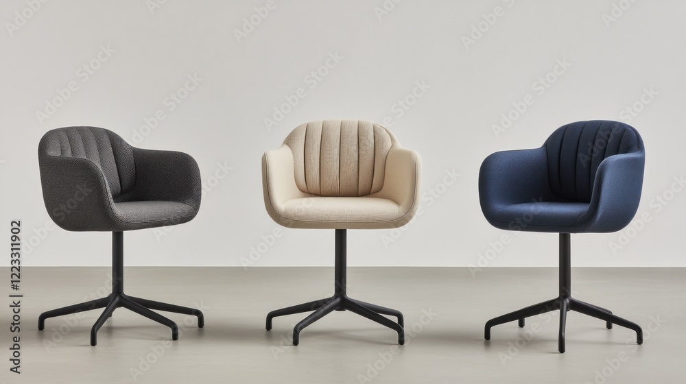 Obraz premium Three modern upholstered swivel chairs in gray, beige, and blue, on a minimalist background.