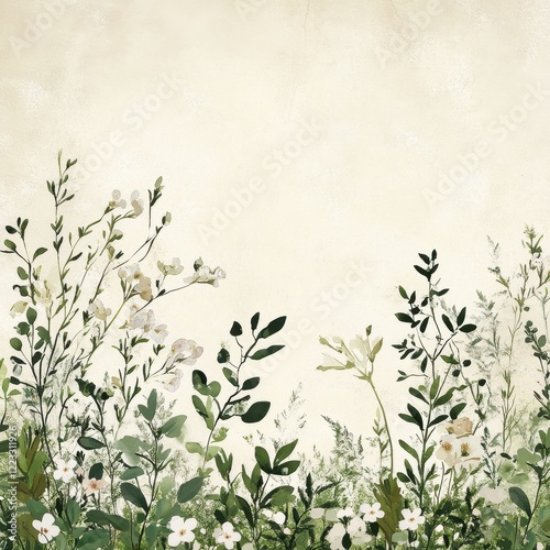 Delicate White Flowers and Lush Green Foliage on Beige Background