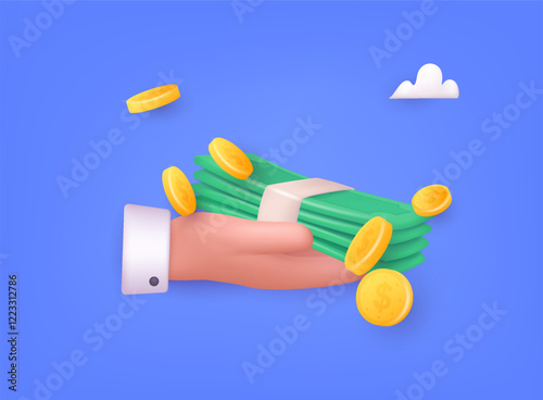 Hand holding cash bundle on blue background. Concept of financial operation with money bills and banknotes. 3D Web Vector Illustrations.
