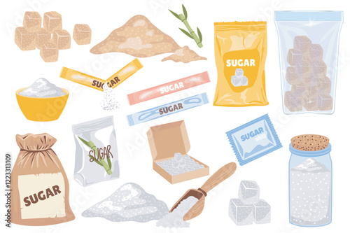 Sugar packs set in flat graphic design. Collection elements of natural brown and white sugar in powder and cubes, sweet sticks, bowl, scoop, bottle, bag, other storage packaging. Vector illustration.