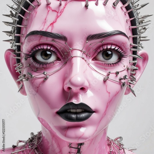 Futuristic doll, intricate design, adorned with spikes, in a surreal artistic portrayal