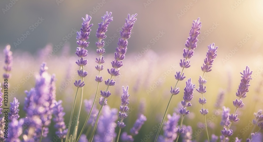 Obraz premium Sunlit lavender field with a warm glow showcasing purple blossoms and green stems.