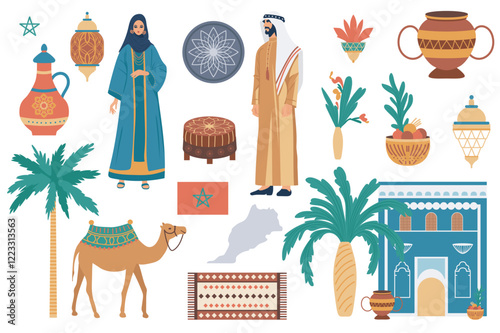 Traditional Morocco culture set in flat graphic design. Collection elements of man woman in national clothes, lanterns, tablewares, palm, camel, flag, country map, house, other. Vector illustration.