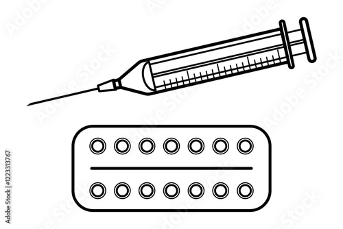 Syringe and pills outline icon symbol representing medicine, healthcare and pharmaceutical industry