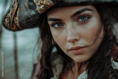 An attractive woman in a pirate costume and hat, ai generative image photo