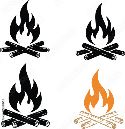 Campfire Silhouettes and Line Art Illustrations