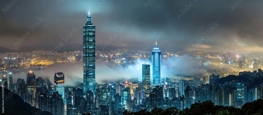 Fototapeta premium Night in Hong Kong: City Skyline Enveloped in Fog