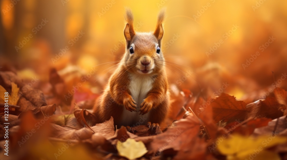 Naklejka premium Playful squirrel amidst vibrant autumn foliage