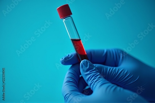 With gloves on, a laboratory technician carefully secures a glass vial filled with red blood sample against a vivid blue backdrop, emphasizing hygiene and precision in medical studies photo