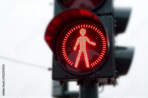 Bright red signal marks the safe crossing moment for pedestrians in an urban setting, fostering awareness amidst an overcast sky filled with anticipation for movement