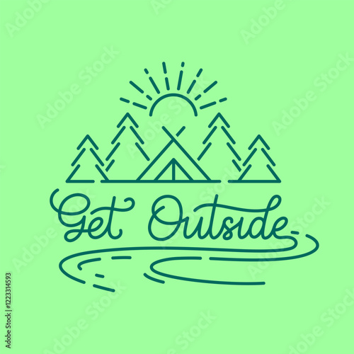 Get outside. Camping in the mountains. Hand drawn illustration with lettering elements.