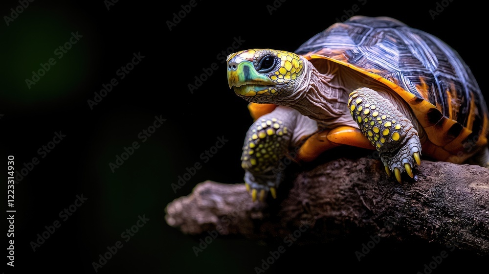 Fototapeta premium Yellow-footed tortoise on branch, dark background, wildlife photography, nature documentary
