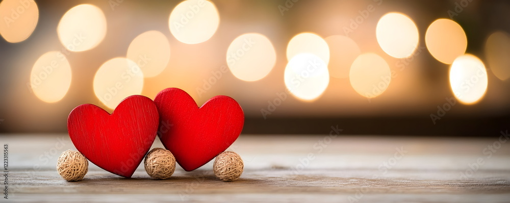 In the foreground two wooden red hearts on a wooden table, in the background glowing warm blurred lights of a bokeh garland. Valentine's Day, February 14, wedding decor. In the foreground two wooden red hearts on a wooden table, in the background glowing warm blurred lights of a bokeh garland. Valentine's Day, February 14, wedding decor.