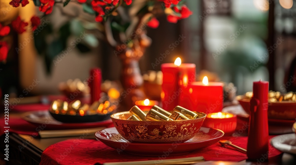 A table set for a Chinese New Year feast with gold ingot decorations and red candles A table set for a Chinese New Year feast with gold ingot decorations and red candles