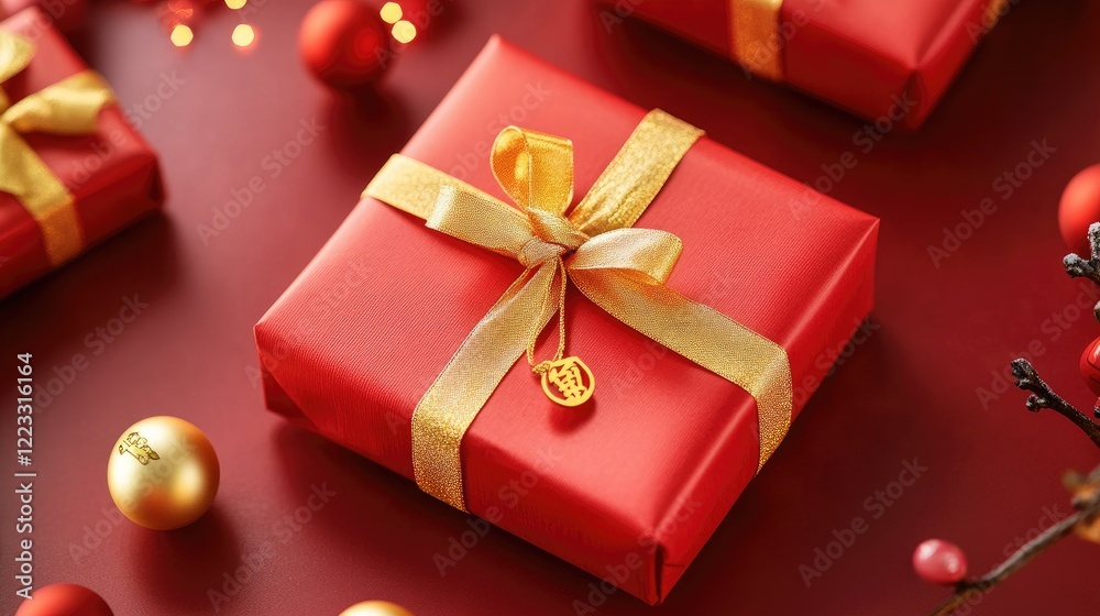 Fototapeta premium Beautifully wrapped Chinese New Year gift boxes with golden ribbons and red paper