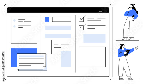 Digital workspace interface with notes, checklists, and tasks. Two professionals interact with the screen. Ideal for project management, team collaboration, productivity tools, strategic planning