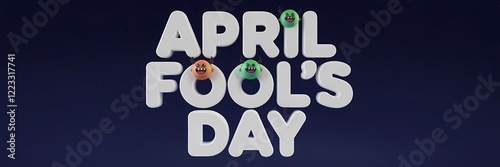 A night theme, 3D render of a creative minimalist April Fool's Day poster design. The text 