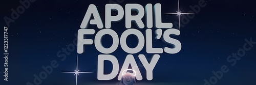 A 3D render of a creative minimalist April Fool's Day poster design with a night theme. There is a large text that says 