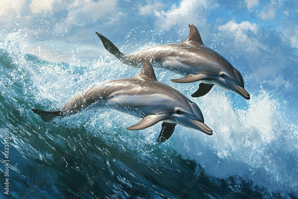 Fototapeta premium Two dolphins leaping playfully in ocean waves