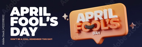 A 3D render of a creative minimalist April Fool's Day poster design with a night theme. There is a large, bold text that says 