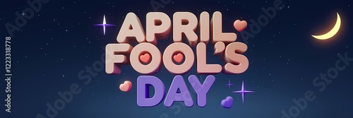 A 3D render of a creative minimalist April Fool's Day poster design with a night theme. The poster has a simple design with the text 