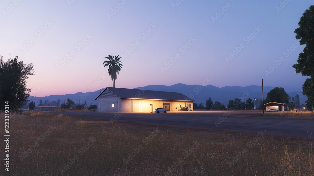 Illuminated Garage Dusk Desert Landscape Scene Illuminated Garage Dusk Desert Landscape Scene