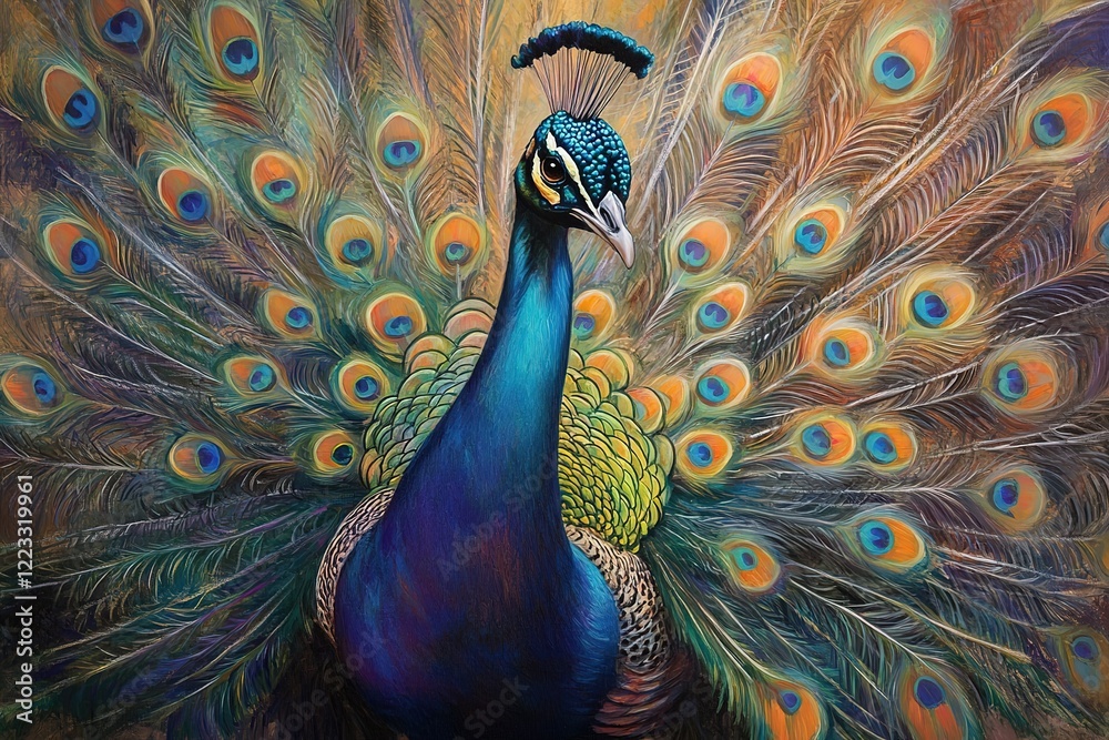 Fototapeta premium Majestic peacock displaying vibrant plumage